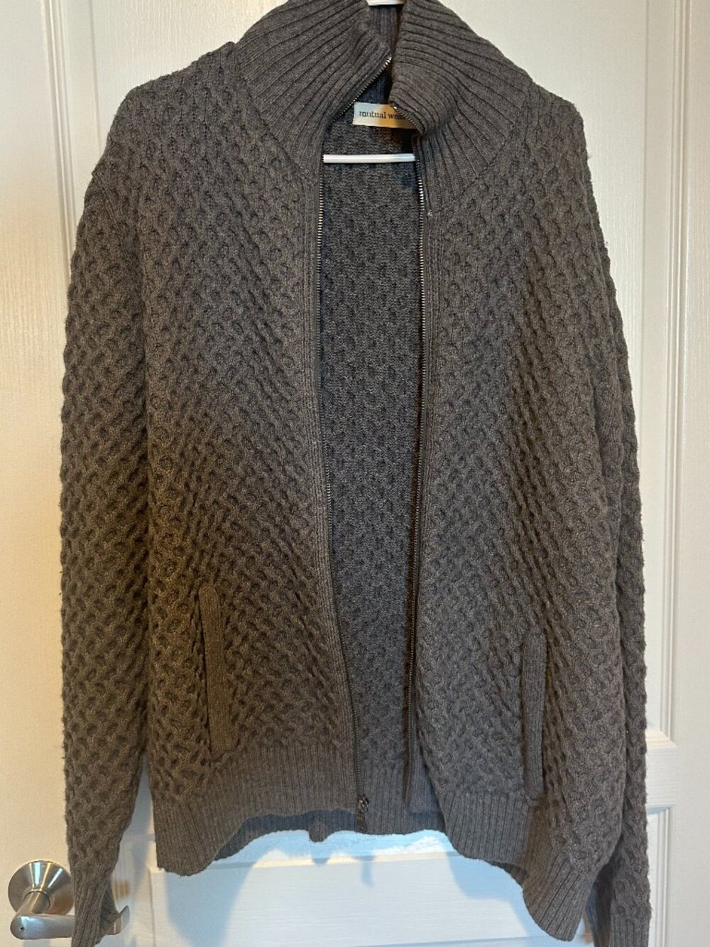 Mutual Weave Cable Knit Full Zip Sweater Large Gray Cardigan